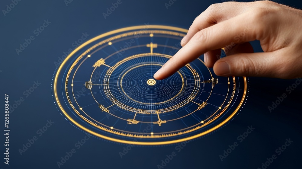 Poster hand touching digital circular interface with futuristic design