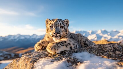 Obraz premium A playful snow leopard cub is seen relaxing on a rocky surface, embodying the charm and cuteness of wildlife while showcasing the breathtaking mountain scenery in the background.