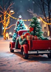 Festive red truck with gifts and decorated christmas tree in snowy winter banner bokeh red bokeh abstract background glow design light texture effect sparkle
