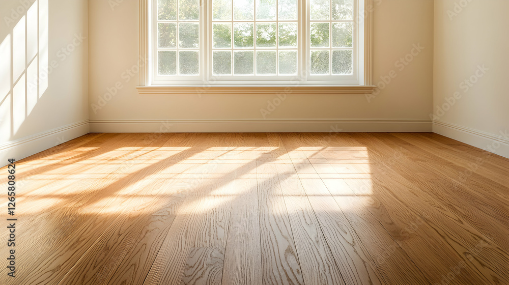 Poster empty room with sunlight streaming through window, creating shadows on hardwood floor