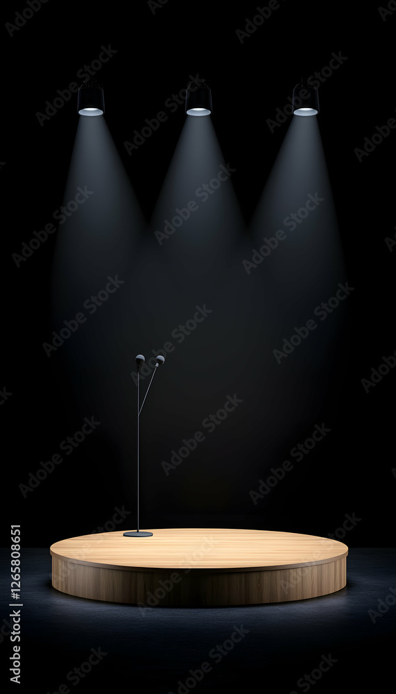 Poster empty stage with microphones and spotlights in a dark background for presentation or performance