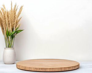 Empty wooden round table, floral vase, for product display and background, modern concept