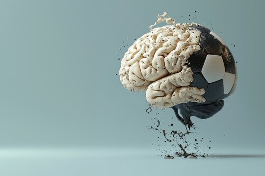 Surreal fusion of brain and football. 3D rendering of a brain seamlessly transforming into a soccer ball. Football fever. Soft blue background enhances the dreamy and abstract feel of the image. 
