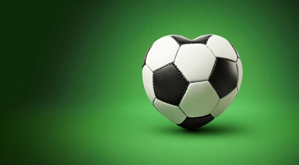 Naklejka premium Heart of football. 3D image showing a black and white heart-shaped soccer ball on a green background. Concept of sports passion, loyalty and devotion to football. Copy space.