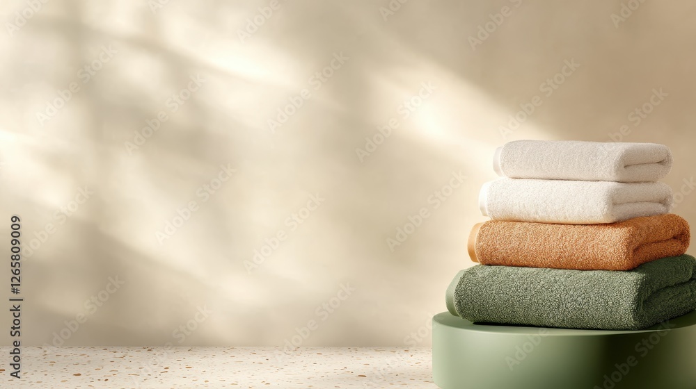 Poster this image depicts elegantly stacked towels in soft colors, creating a modern and minimalistic aesth