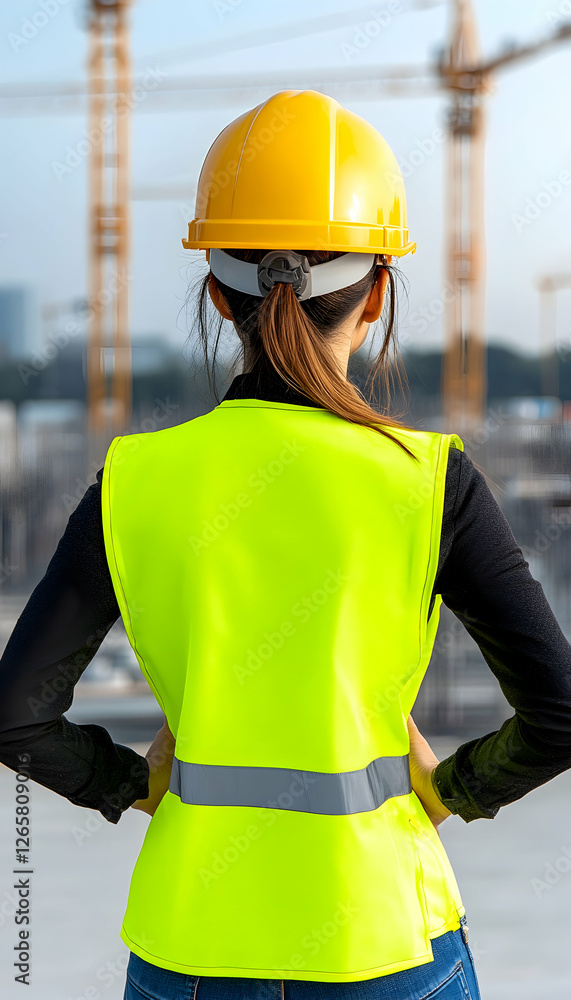 Poster engineer oversees construction site progress. inspecting building with cranes background