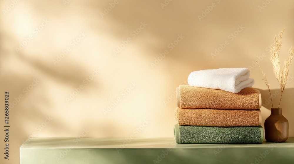 Poster this image features neatly arranged towels atop a green platform paired with decorative elements, ex