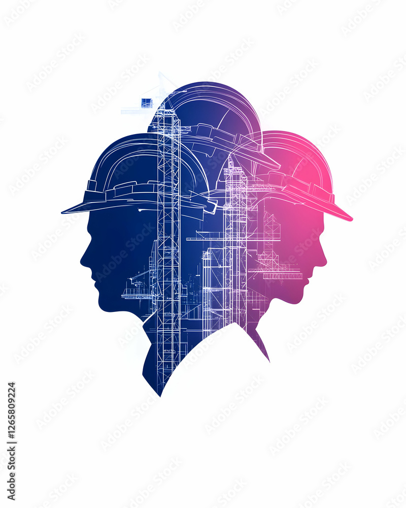 Poster engineers head profile overlayed with construction site for infrastructure project