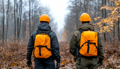 Foresters with packs walk into a wooded area. Industry or safety concept