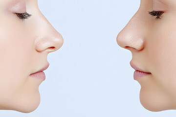 Obraz premium Faces compare before and after rhinoplasty surgery against pastel background for medical