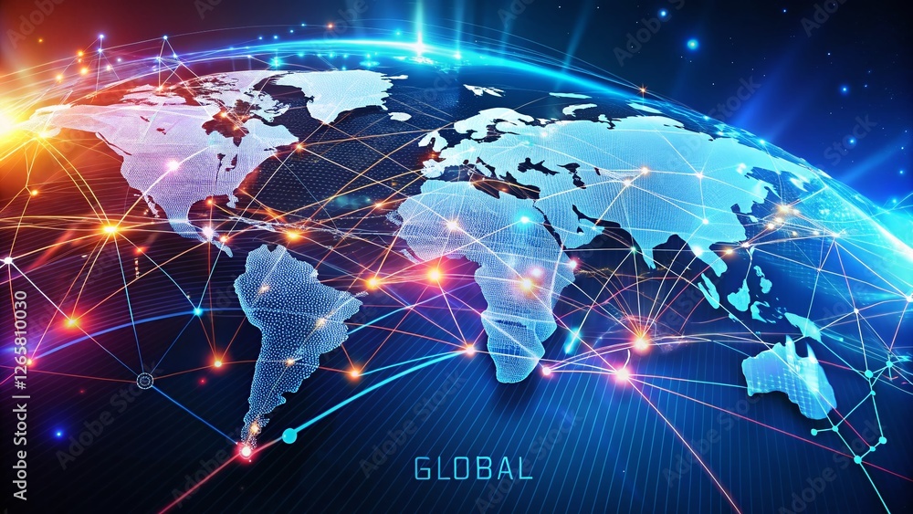 Aufkleber global network connection: world map with digital lines and nodes