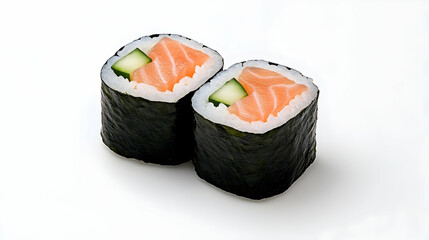 Fresh salmon sushi rolls with cucumber on white background for food photography