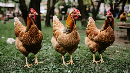 Fototapeta premium A trio of brown chickens stands attentively on a grassy lawn, with more chickens visible in the background.