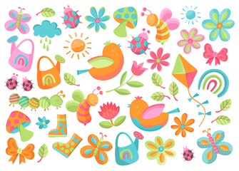 Spring Garden Cute Vector Clipart Collection Colorful Birds, Rain Boots, Flowers, Striped Caterpillar and Watering Can with Rainbow. Design Elements for Kid Clothing Designs