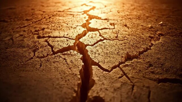 A close-up of cracked earth with a warm, glowing light, suggesting drought or arid conditions.