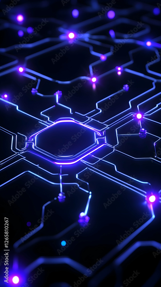 Poster futuristic circuit board with glowing nodes, processing information in dark background