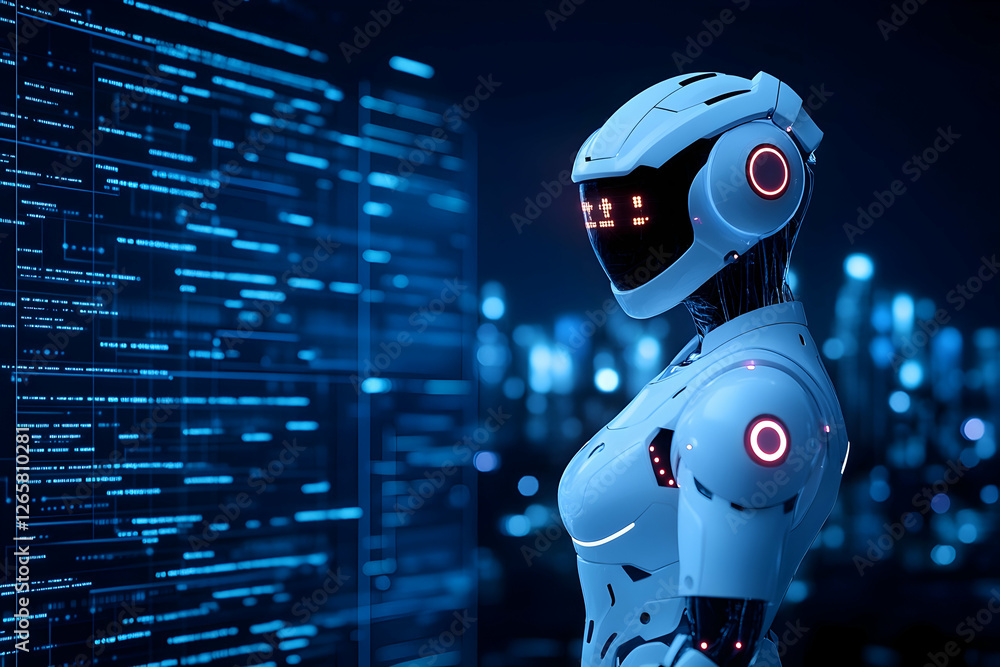 Aufkleber futuristic robot analyzing code in a dark city; potential tech, ai or science use