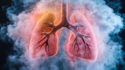 This striking visualization of human lungs surrounded by colorful smoke represents vitality and creativity, capturing the viewer's imagination with its dynamic energy and hues.