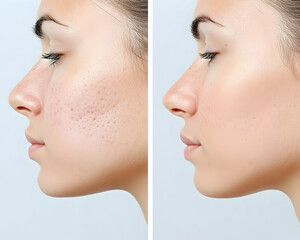 Obraz premium Girl before and after facial pore reduction for skin care treatments use