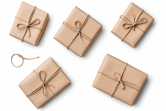 Gifts with twine on white for delivery, celebrations, shopping or presents