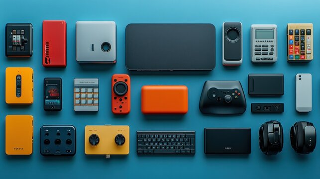 Colorful tech gadgets arranged on a blue surface, showing various devices and controllers