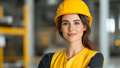 Female construction worker smiles in yellow vest, factory background, promoting safety
