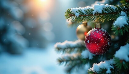 Obraz premium Sparkling snow-covered pine boughs with ornaments , pine cones, silver, shimmer