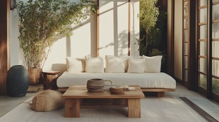 Fototapeta premium Bright inviting living room features natural elements and soft light