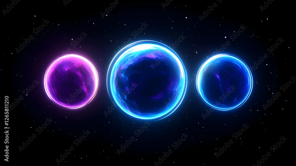 Poster glowing orbs on a space background used for visual or science representation