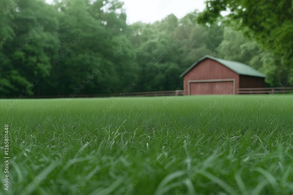 Poster green grass field in front of a rustic barn surrounded by lush trees on a cloudy day