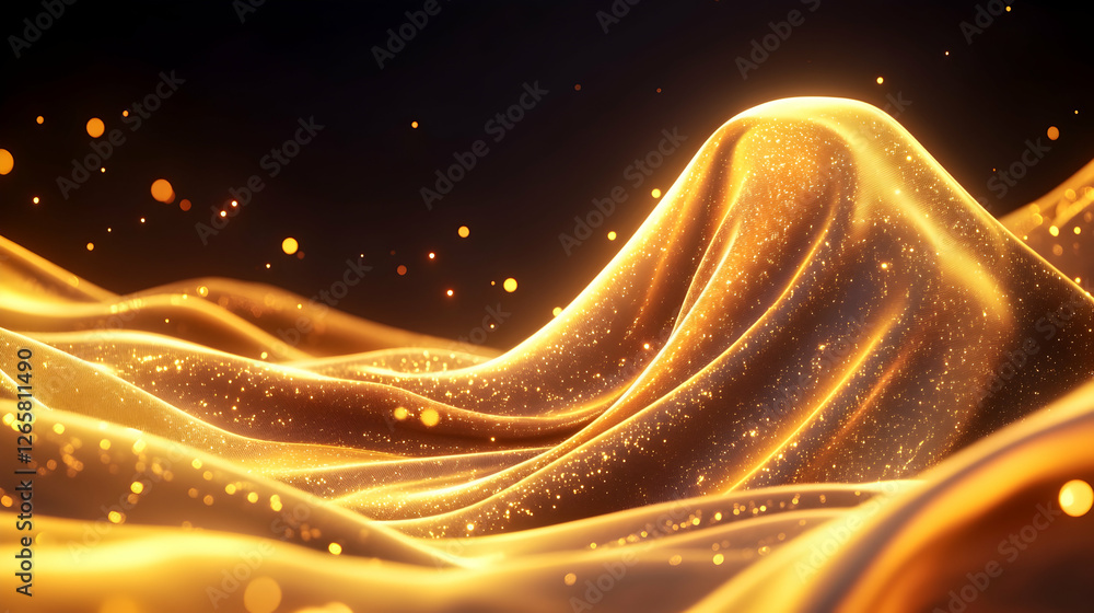 Poster Golden fabric undulating with sparkling bokeh lights. Backdrop shows dark gradients