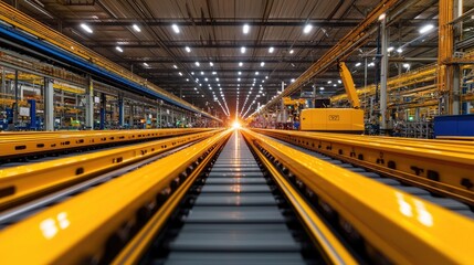 Obraz premium Industrial factory production line, yellow conveyor belts, bright lights, modern facility, manufacturing process, efficiency, large space