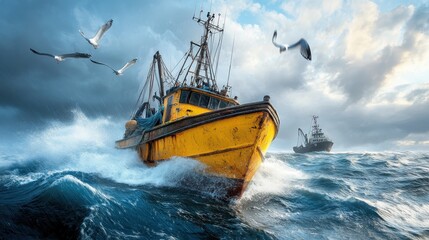 A vivid depiction of a bright yellow fishing boat navigating through tumultuous waves, symbolizing struggle, adventure, and the beauty of nature amidst chaos.