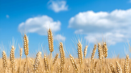 Fototapeta premium Golden wheat field with blue sky and clouds, suitable for agriculture or harvest themes
