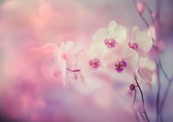 Fototapeta premium Orchid Elegance. This close-up image shows a beautiful arrangement of white and pink orchids delicately placed on a soft textured surface. A concept of spring, summer and bloom.