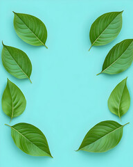 Green leaves arranged in a circle on light blue backdrop. Use for organic design