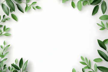 Fototapeta premium Green leaves frame a blank white background. Use for invitation, card, or mockup