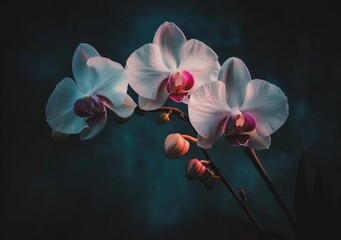 Orchid Elegance. This close-up image shows a beautiful arrangement of white and pink orchids delicately placed on a soft textured surface. A concept of spring, summer and bloom.