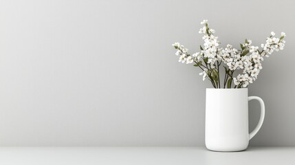 White flowers in a white mug, minimalist interior