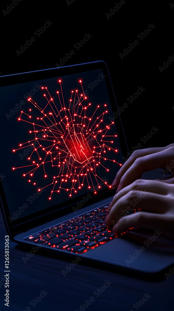 Aufkleber hands typing on laptop with glowing red pattern. cyber security concept