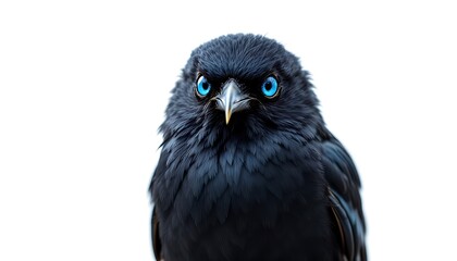 Fototapeta premium Close Up Portrait of a Black Bird with Striking Blue Eyes Staring