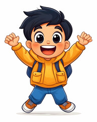 Happy schoolboy jumps with backpack, arms raised, cartoon style, for education content use