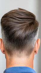 Obraz premium Headshot of a man showing new hairstyle trend, with gray background, for barbershops