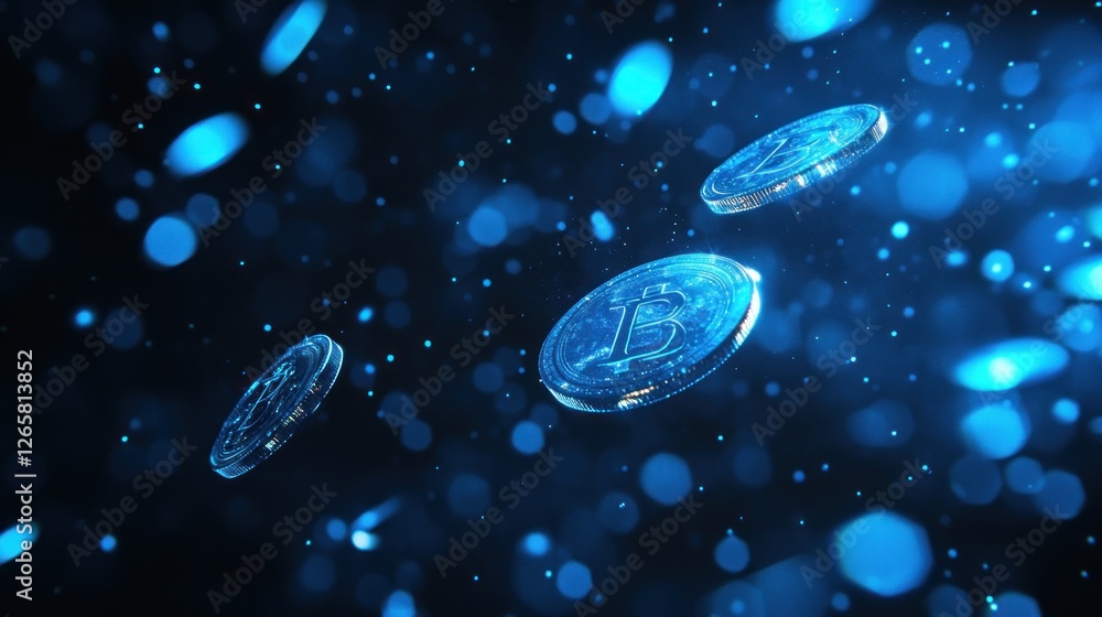 Aufkleber digital bitcoin cryptocurrency floating in glowing blue particle background