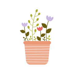 Spring Flowers Pot. Colorful summer floral. Cute tulip leaves flat illustration
