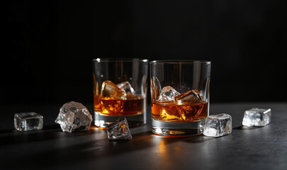 Two glasses of whiskey with ice cubes on a dark surface. The photo features a close-up of the amber liquid and clear ice against a moody backdrop.