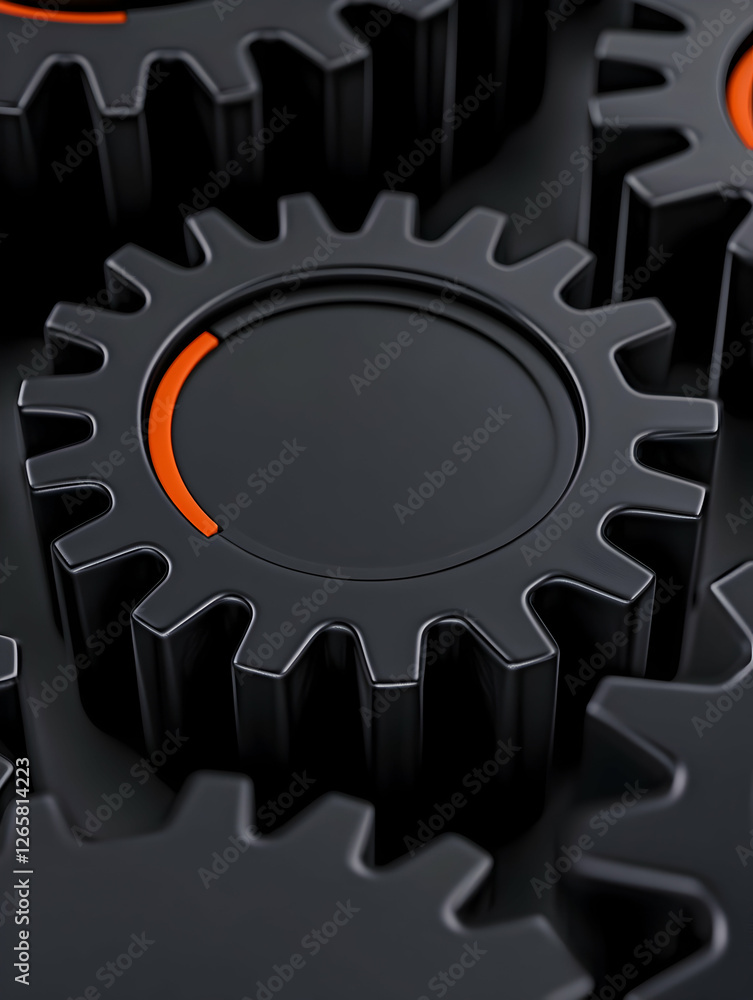 Poster interlocking dark gears with orange accent, signifying teamwork in engineering work