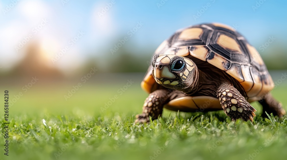 Poster a close-up view of a turtle roaming on green grass captures its intricate shell detailing and inquis