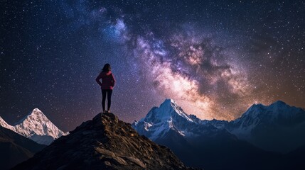 Fototapeta premium Space with Milky Way, girl and mountains. Silhouette of standing woman on the mountain peak, mountains and starry sky at night in Nepal. Sky with stars. Trekking. Night landscape with bright milky way