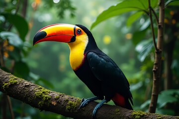 Naklejka premium Colorful Toucan Perched on a Branch in a Lush Rainforest